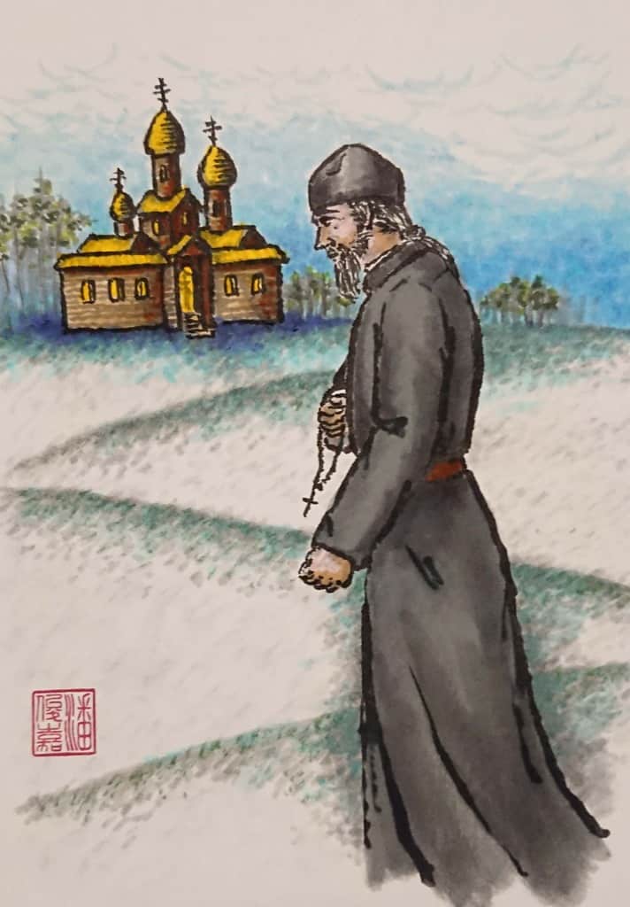 Hieromonk praying with chotki returning to monastery chapel